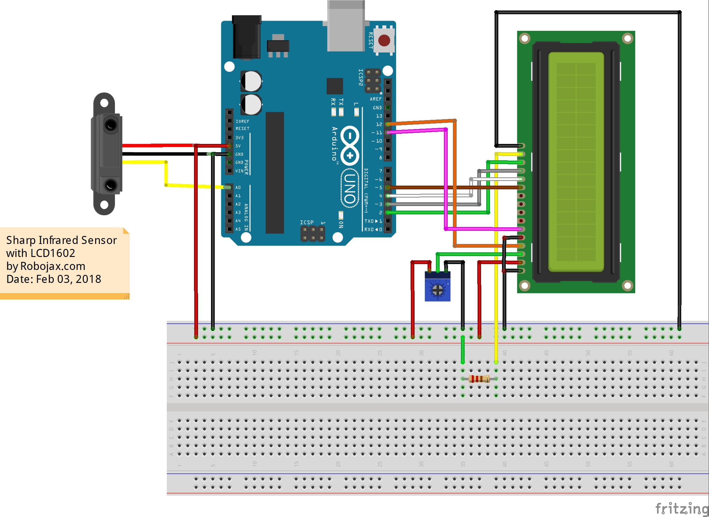 Sharp IR Distance meter with LCD1602 wiring diagram