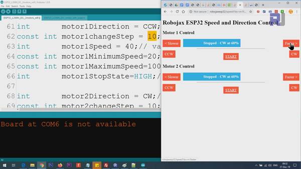 DC Motor with ESP32: Code page and Control screen view