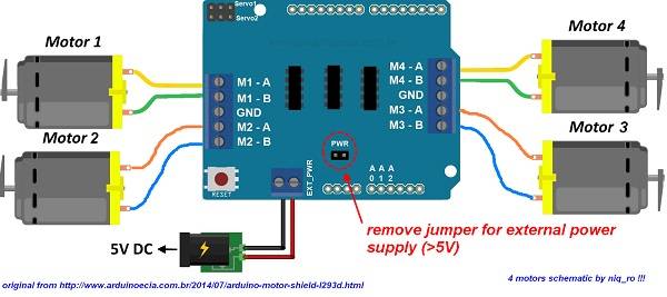 L293D Motor Sheild Wiring for 4 motors